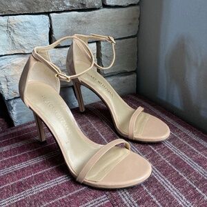 Stuart Weitzman Nudistsong Nude Adobe Patent Leather Sandal Women  6 Ankle Strap